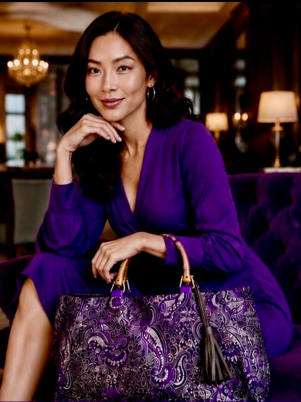 Woman wearing a purple dress carrying a bamboo handle paisley bag. 