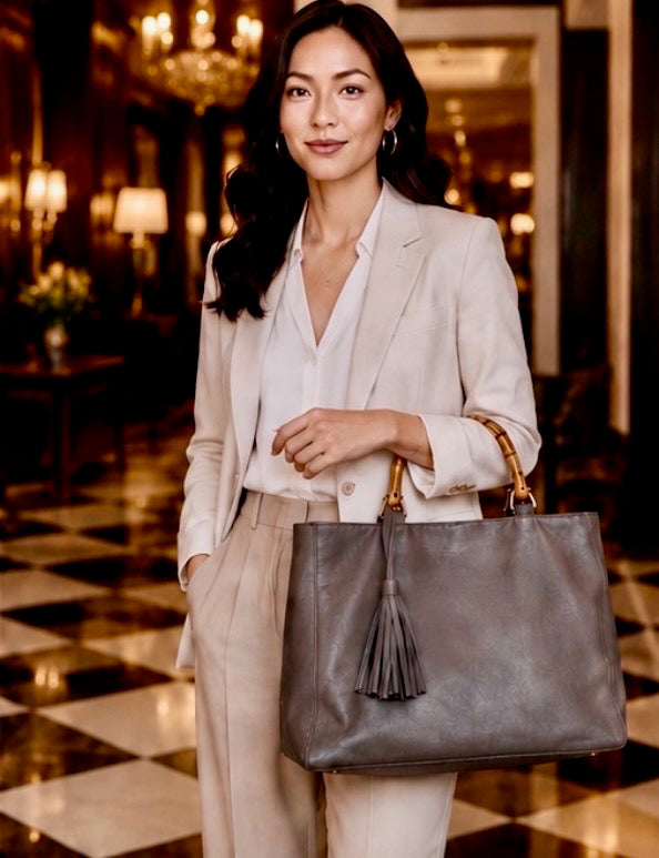 Woman wearing a cream jacket, tan pants carrying a grey bamboo leather bag. 