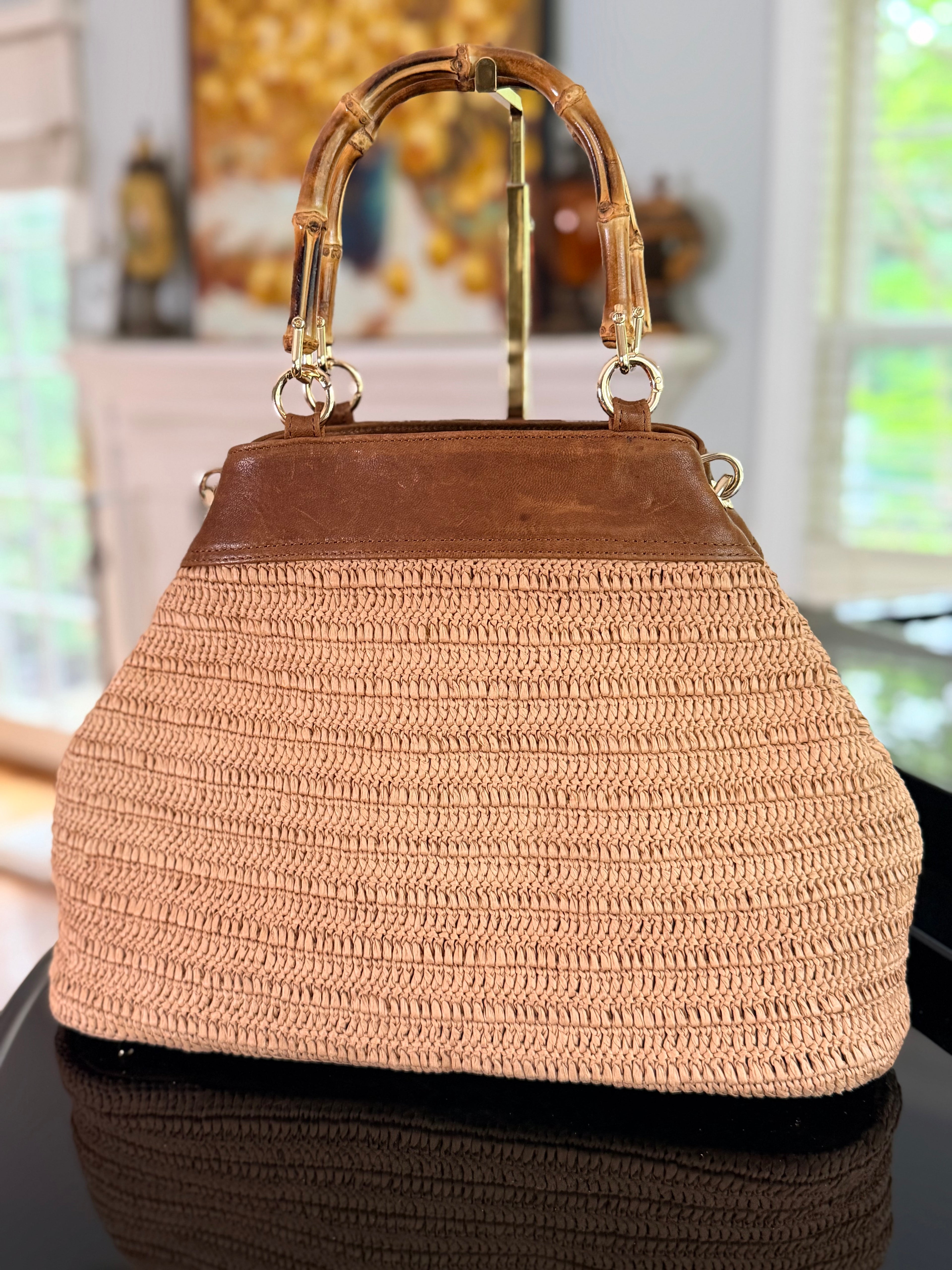 Natural crocheted raffia & leather handbag