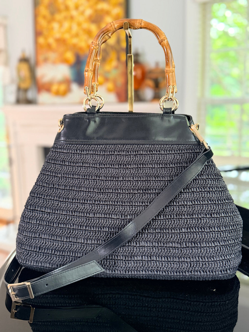 Black crocheted raffia & leather handbag